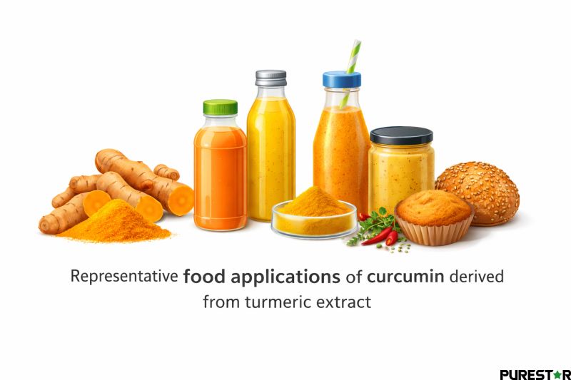 Food applications of curcumin derived from turmeric extract in beverages, baked goods, and condiments