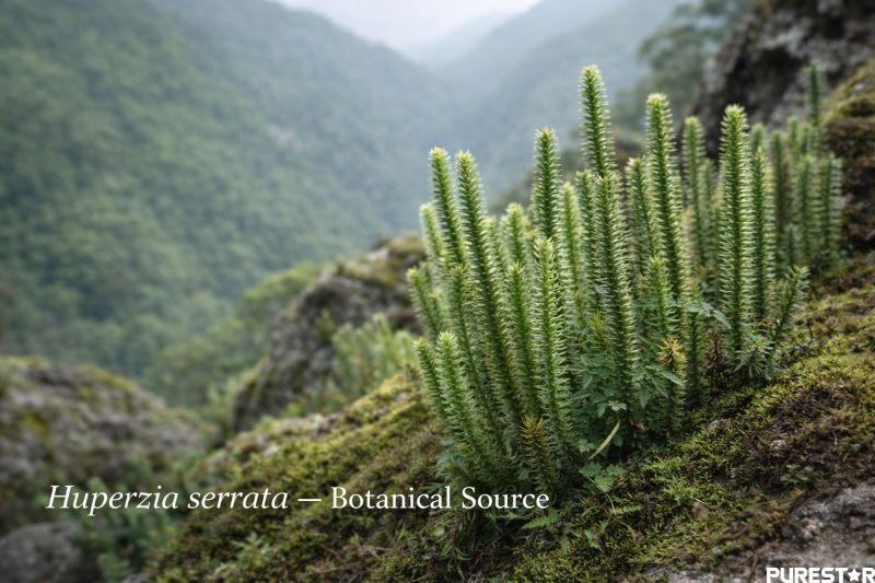 Huperzia serrata plant growing in its natural mountainous environment, showing the botanical source of Huperzia Serrata Extract