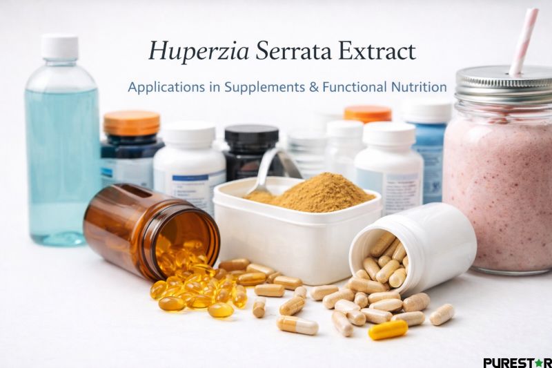 Applications of Huperzia Serrata Extract in dietary supplements and functional nutrition products, including capsules and powdered formulations