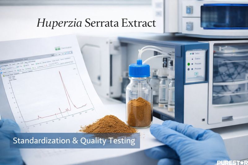 Huperzia Serrata Extract undergoing HPLC analysis in a laboratory setting, demonstrating standardization and quality testing of Huperzine A content