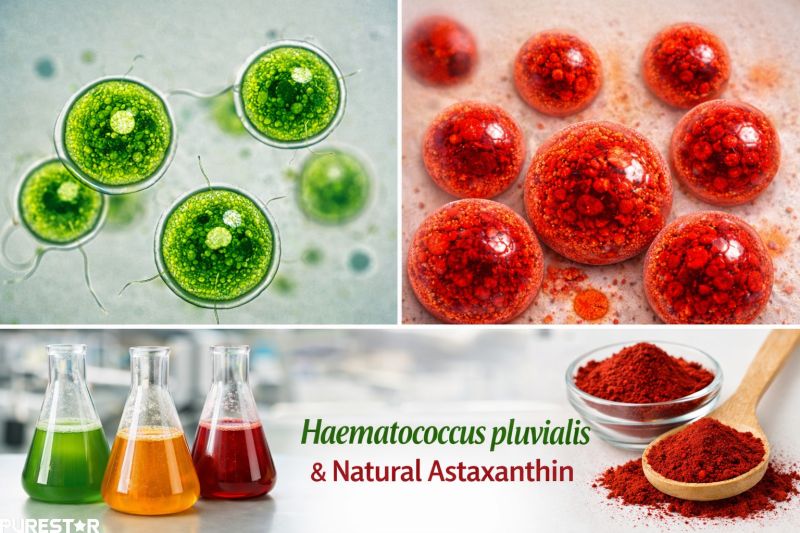 Haematococcus pluvialis microalgae cells transitioning from green vegetative stage to red cyst stage with natural astaxanthin rich biomass and powder