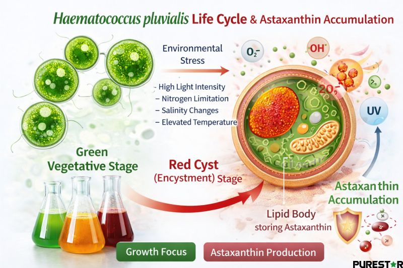 Life cycle diagram of Haematococcus pluvialis showing environmental stress induced transformation and natural astaxanthin accumulation inside red cyst microalgae cells