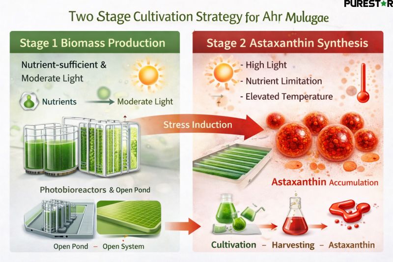 Two stage cultivation strategy of Haematococcus pluvialis illustrating biomass growth phase followed by stress induction phase for high yield natural astaxanthin production
