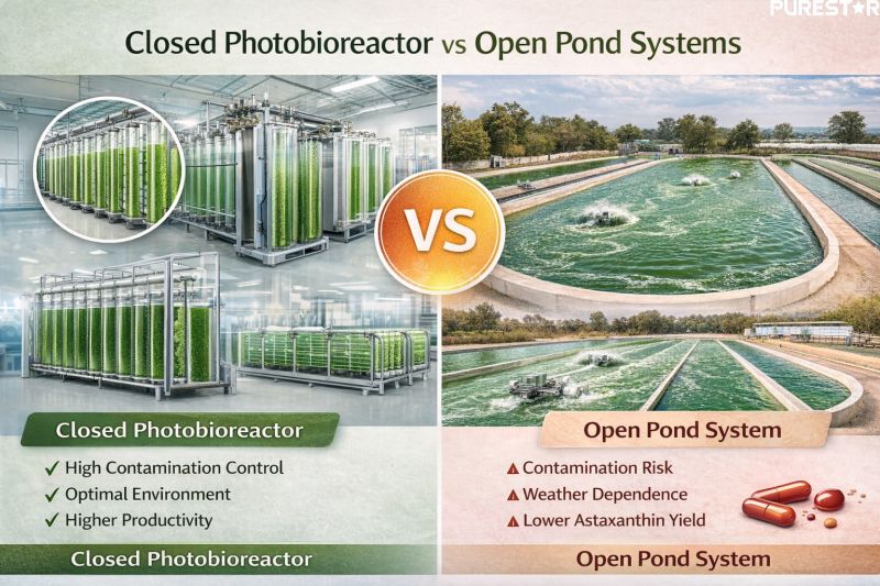 Closed photobioreactor compared with open pond system for Haematococcus pluvialis cultivation highlighting higher control stability and improved natural astaxanthin productivity