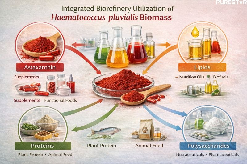 Integrated biorefinery utilization of Haematococcus pluvialis biomass producing astaxanthin lipids proteins and polysaccharides for nutrition feed and functional applications