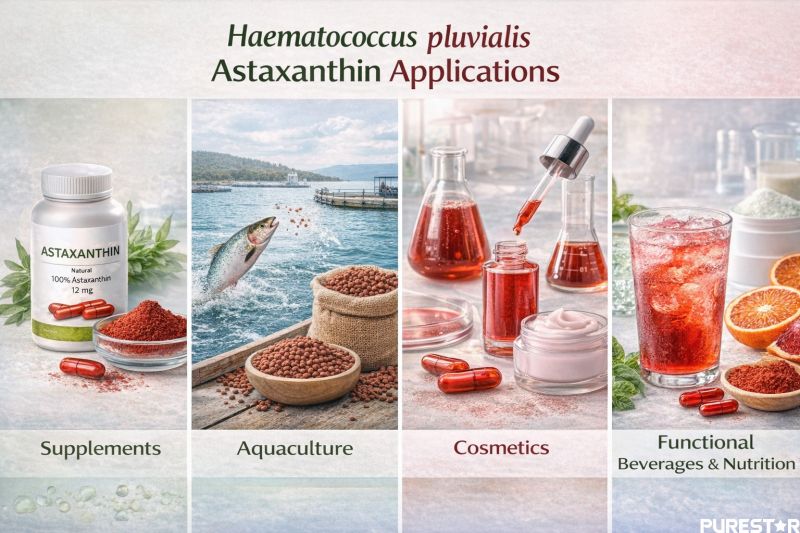 Applications of Haematococcus pluvialis natural astaxanthin in dietary supplements aquaculture cosmetics and functional beverages across health and nutrition industries