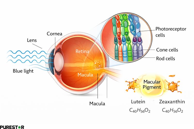 Scientific diagram of the human eye retina and macula showing blue light filtering and macular pigment accumulation of lutein and zeaxanthin supporting visual development and retinal protection