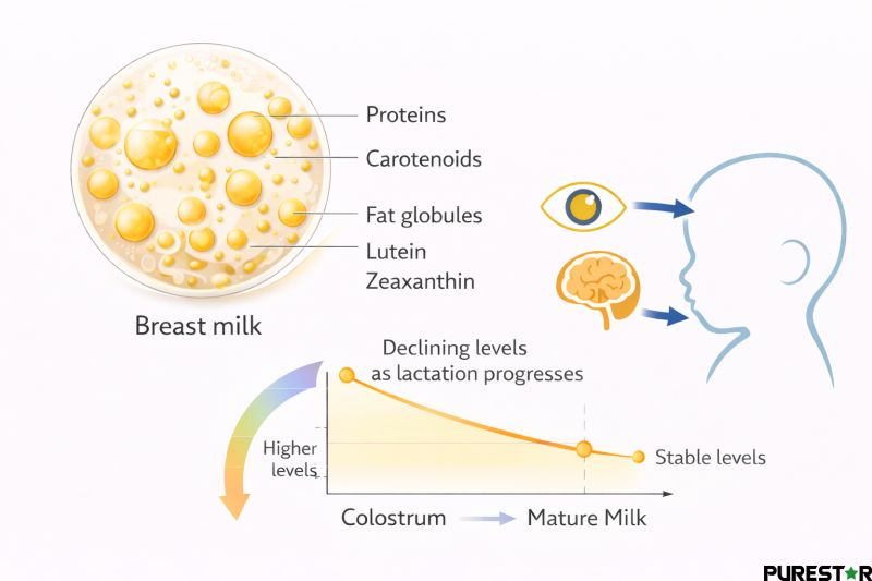 Breast milk composition infographic displaying fat globules, proteins, and carotenoids with a lactation timeline from colostrum to mature milk indicating changing levels of lutein and zeaxanthin for infant nutrition