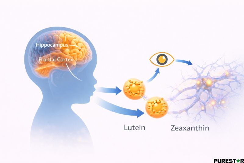 Infant head silhouette with highlighted hippocampus and frontal cortex connected to lutein and zeaxanthin molecules, illustrating carotenoid deposition in developing brain tissue and neural antioxidant protection