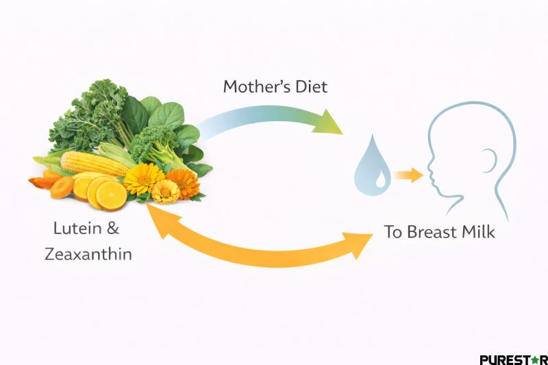Maternal diet to breast milk transfer pathway infographic showing vegetables and marigold as sources of lutein and zeaxanthin moving through milk droplets to an infant silhouette representing early-life carotenoid delivery