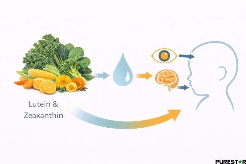 Integrated infographic summarizing lutein and zeaxanthin nutrition pathway from plant foods to human milk and infant eye and brain development highlighting visual protection and cognitive support mechanisms