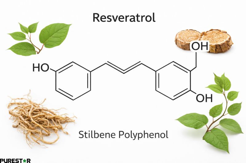 Scientific infographic explaining resveratrol properties with Japanese knotweed botanical elements and clean laboratory style design illustrating natural polyphenol resveratrol research background