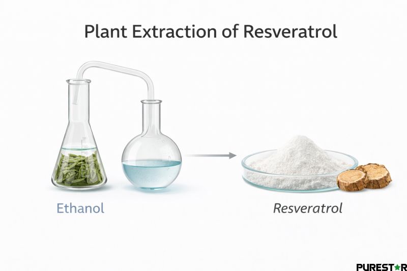 Plant extraction process of resveratrol from Japanese knotweed roots showing laboratory glassware ethanol extraction purification and concentrated resveratrol powder production workflow