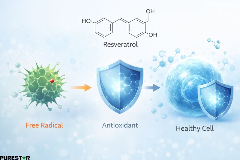 Antioxidant mechanism concept of resveratrol protecting cells from oxidative stress free radicals and supporting cellular defense illustrated with molecular and cell protection graphics