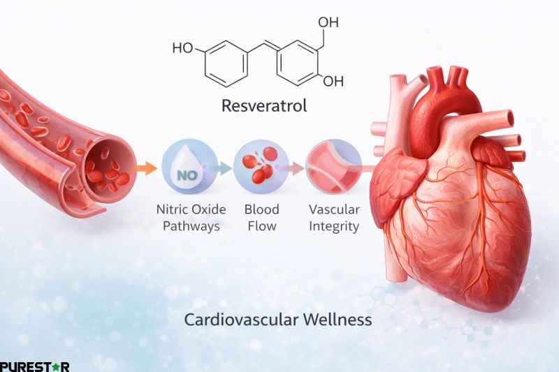 Cardiovascular wellness concept linked to resveratrol showing healthy heart circulation and vascular support representing natural resveratrol benefits for overall heart health maintenance