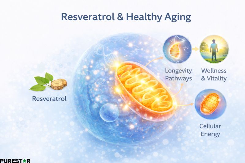 Resveratrol and healthy aging infographic with glowing mitochondria cellular energy and Japanese knotweed source highlighting resveratrol role in vitality longevity and metabolic balance