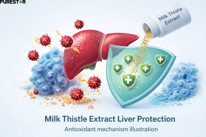 milk thistle extract liver protection antioxidant mechanism illustration showing silymarin protecting liver cells from oxidative stress