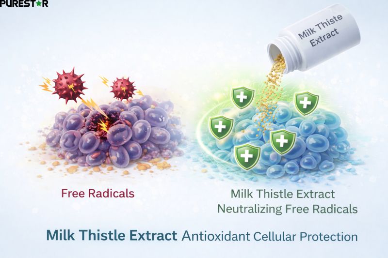 milk thistle extract antioxidant activity neutralizing free radicals and protecting liver cells cellular protection mechanism illustration