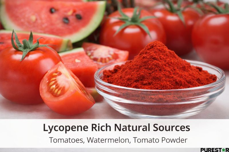 lycopene rich natural sources including tomato, watermelon, and lycopene powder showing natural antioxidant ingredient origin