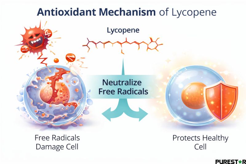antioxidant mechanism of lycopene illustrating how lycopene neutralizes free radicals and protects healthy cells from oxidative damage