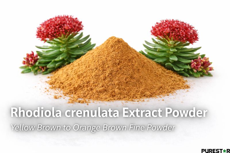 Rhodiola crenulata extract powder yellow brown to orange brown fine powder with Rhodiola flower illustrating standardized Rhodiola crenulata extract botanical ingredient