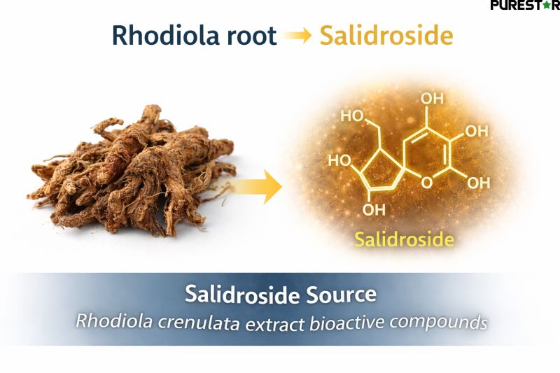 Salidroside source visualization from Rhodiola crenulata root showing bioactive compound origin in Rhodiola crenulata extract phytochemical composition