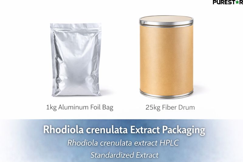 Rhodiola crenulata extract packaging including 1kg aluminum foil bag and 25kg fiber drum for bulk supply standardized botanical extract raw material