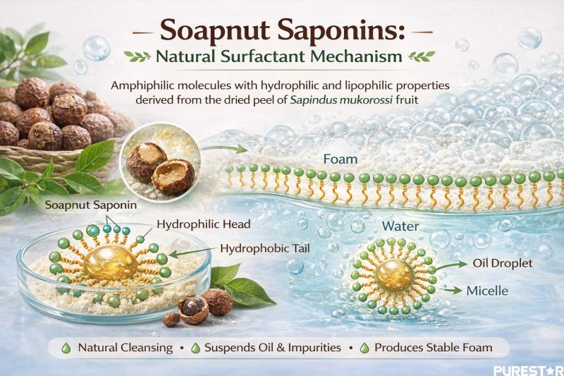 Soapnut Extract Soapnut Saponins natural surfactant mechanism showing emulsification foaming and cleansing action