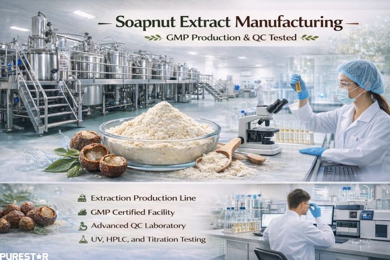 Soapnut Extract Soapnut Saponins manufacturing facility GMP production line and quality control laboratory testing