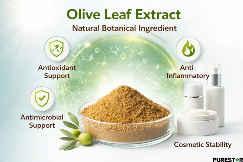 Olive Leaf Extract antioxidant functional concept showing natural botanical ingredient Olive Leaf Extract for cosmetic and surfactant formulations
