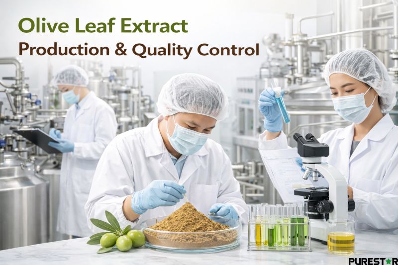 Olive Leaf Extract production and quality control facility showing laboratory testing and professional manufacturing of Olive Leaf Extract powder