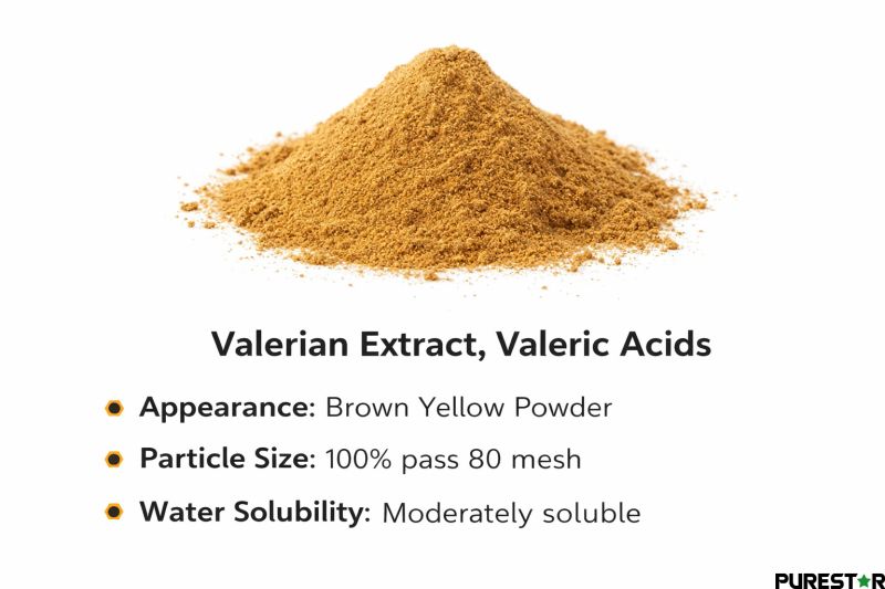 Valerian Extract, Valeric Acids brown yellow powder close-up showing fine texture and 80 mesh particle size for pharmaceutical and food grade applications