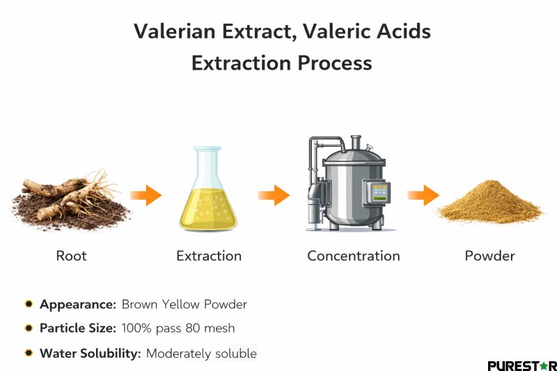 Valerian Extract, Valeric Acids extraction process flowchart illustrating root extraction, concentration, drying and quality testing stages