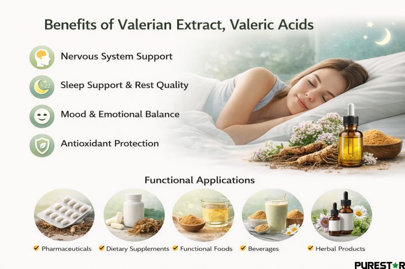 Valerian Extract, Valeric Acids functional benefits illustration highlighting relaxation-support and sleep-support positioning for nutraceutical formulations