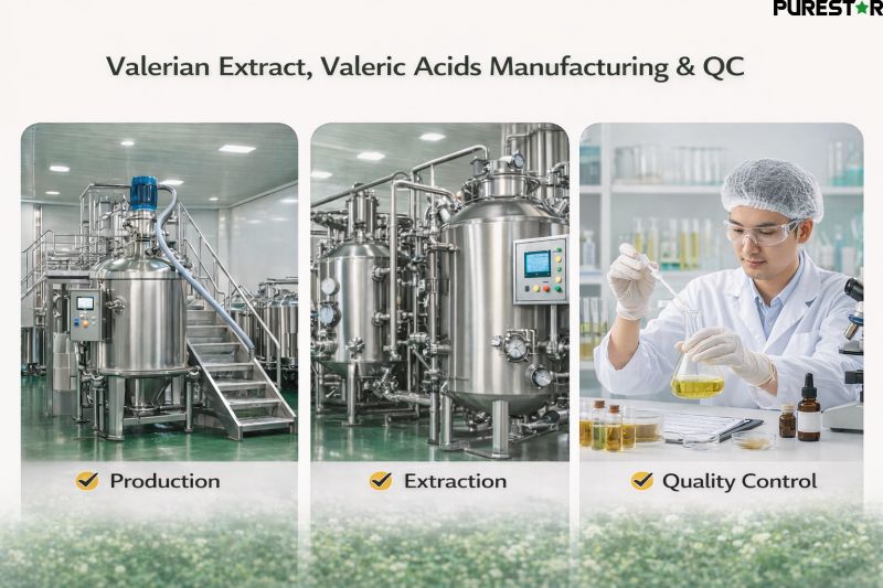 Valerian Extract, Valeric Acids quality control laboratory testing with Chinese technicians performing identity and purity analysis