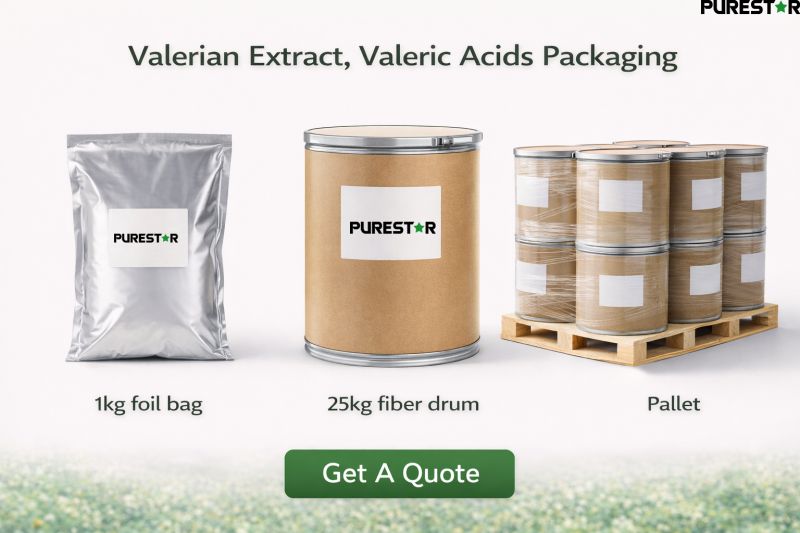 Valerian Extract, Valeric Acids packaging including 1kg foil bag, 25kg fiber drum and pallet configuration for global export supply