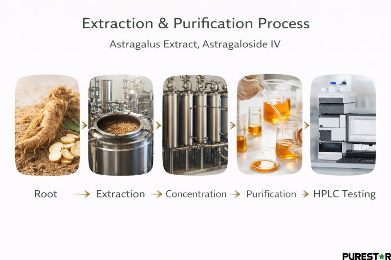 Extraction and purification process of Astragalus Extract, Astragaloside IV illustrating root sourcing, extraction, concentration, purification and final HPLC testing workflow