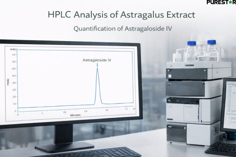 HPLC analysis of Astragalus Extract, Astragaloside IV demonstrating quantitative testing of Astragaloside IV for quality control and purity verification