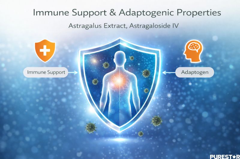 Immune support and adaptogenic properties of Astragalus Extract, Astragaloside IV presented with protective shield concept and antioxidant activity visualization