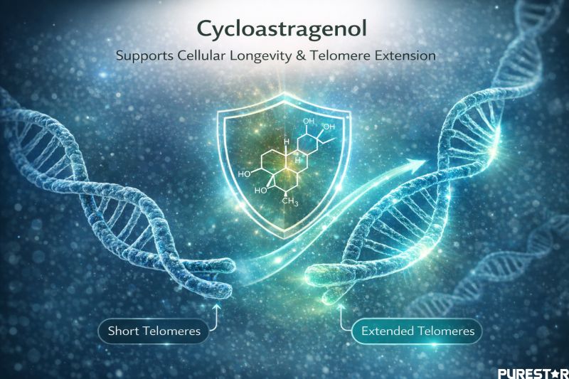 Cycloastragenol derived from Astragalus Extract, Astragaloside IV illustrating cellular longevity and telomere support concept in advanced nutraceutical applications