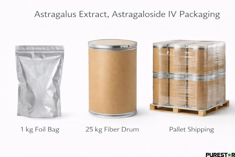 Bulk packaging options for Astragalus Extract, Astragaloside IV including 1 kg foil bag, 25 kg fiber drum and pallet shipment for global export supply