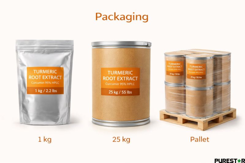 Turmeric Root Extract, Curcumin 95% packaging options including 1 kg foil bag, 25 kg fiber drum, and pallet shipment configuration