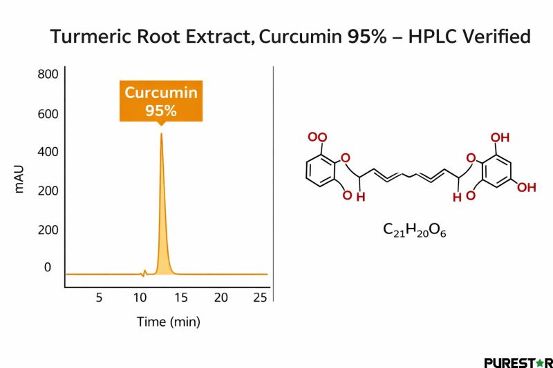 Turmeric Root Extract, Curcumin 95% HPLC verified infographic with HPLC chromatogram peak and curcumin molecular structure (C21H20O6)