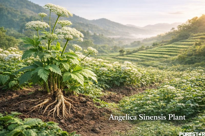 Angelica sinensis plant growing in natural field environment, fresh Angelica Sinensis root botanical source