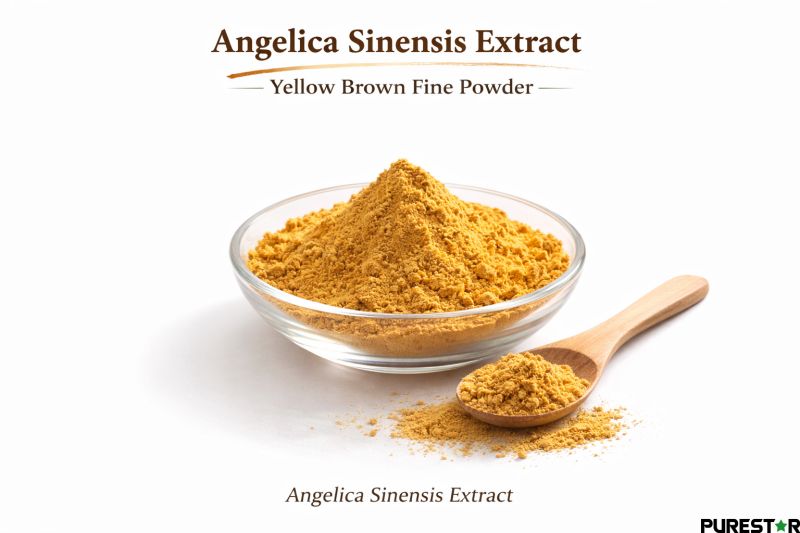 Angelica Sinensis Extract yellow brown fine powder on white background, standardized herbal extract raw material