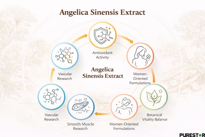 Angelica Sinensis Extract antioxidant and circulation concept illustration for women-oriented botanical formulations