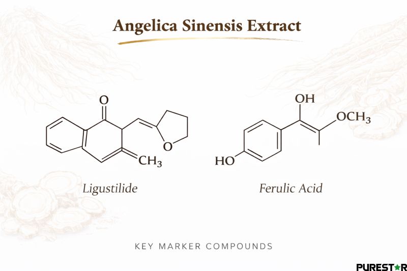 Ligustilide and Ferulic Acid molecular structure in Angelica Sinensis Extract with dried root slices background