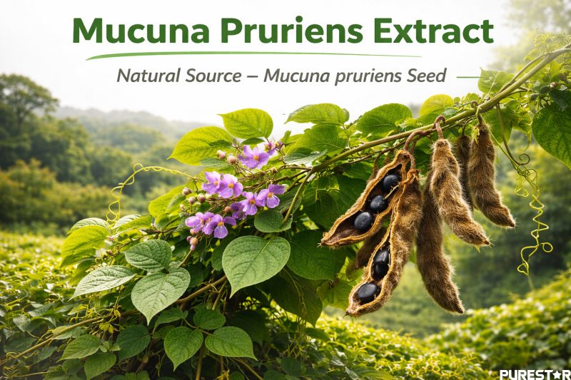 Mucuna pruriens plant with mature pods growing in natural environment, botanical source of Mucuna Pruriens Extract standardized to L-Dopa