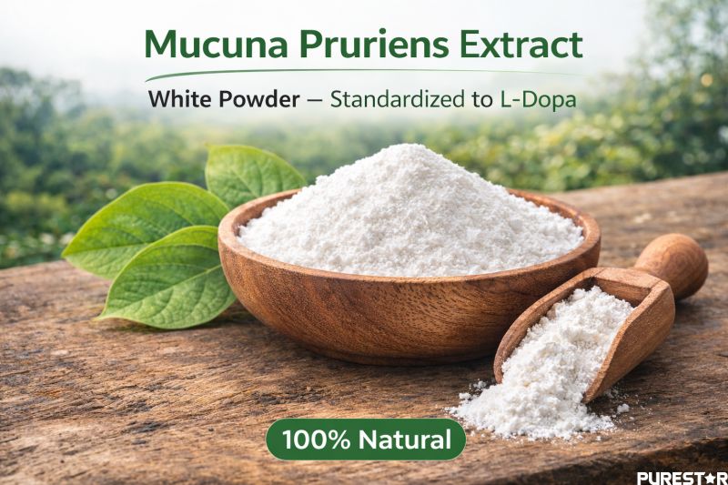 White powder Mucuna Pruriens Extract standardized to L-Dopa content 5%–98% by HPLC for nutraceutical manufacturing