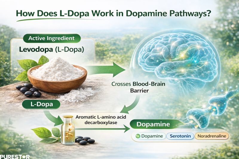 Biochemical pathway illustration showing L-Dopa from Mucuna Pruriens Extract crossing blood-brain barrier and converting to dopamine